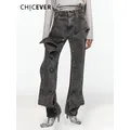 CHICEVER-Jean patchwork à boutons pour femme pantalon en denim droit taille haute poches
