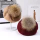 VISROVER-Béret unisexe avec pompon en fourrure véritable 100% laine monochromatique chapeau de