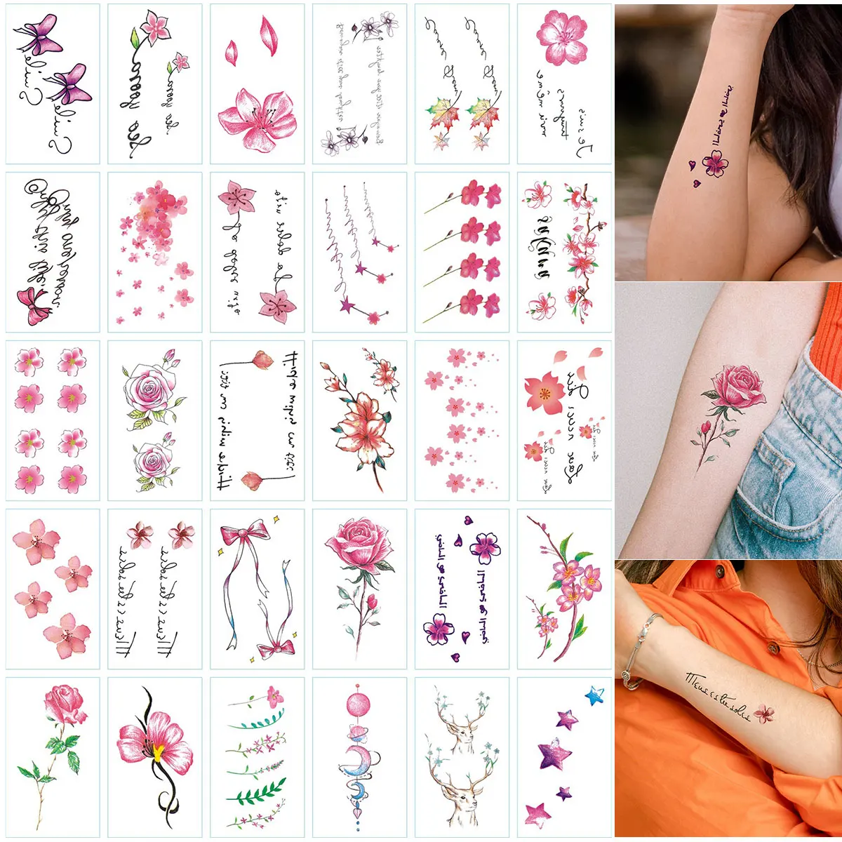 30 Blatt/Packung Blume Englische Worte Temporäre Tattoo Aufkleber, Kleine Größe Körper Arm Finger Handgelenk Knöchel Shoudler Fake Tattoo Aufkleber Image