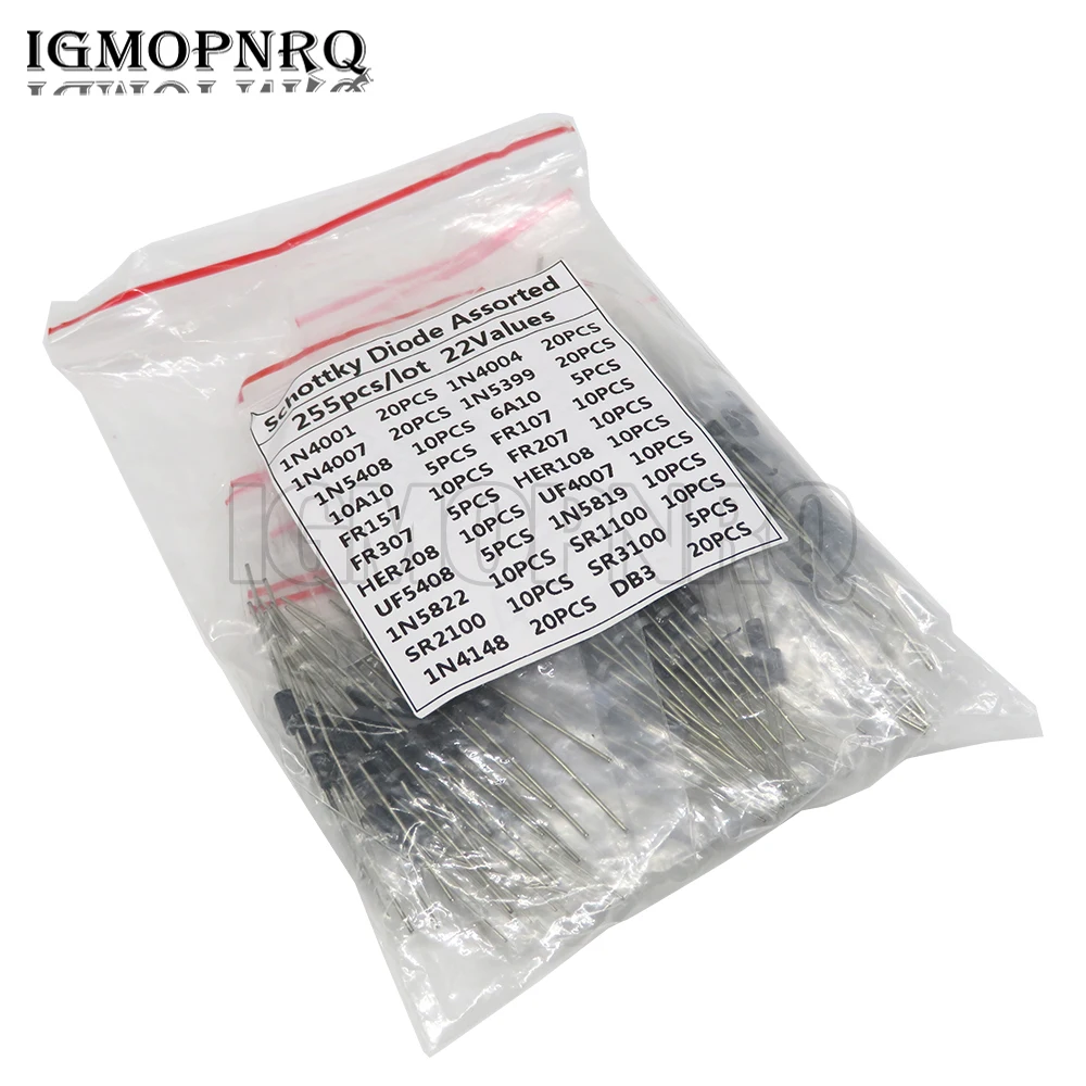 255 Stück schnell schaltbare Gleichrichter-Schottky-Dioden-Sortiment-Kit 1N4001 1N4004 1N4007 1N5408 1N5819 1N5822 6A10 10A10 UF4007 FR307 Image