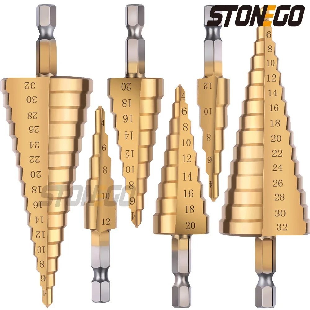 Stufenbohrer mit 1/4 Zoll Sechskantschaft, 4–12 mm/4–20 mm/4–32 mm, kegelförmiger, titanbeschichteter Metall-Lochschneider, HSS-Hochgeschwindigkeitsstahl, Schnellwechsel Image