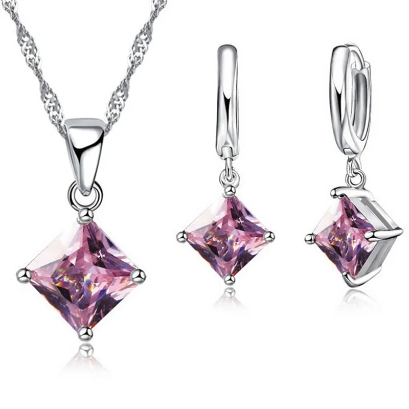 Collana con pendenti da donna di nuova moda Orecchini quadrati con geometria semplice Set di gioielli in argento sterling 925 di cristallo per matrimonio