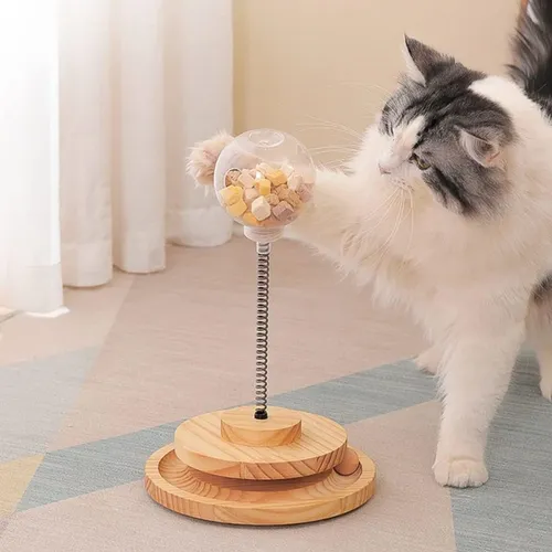 Cat Feeder Spielzeug für Indoor Cat Slow Feeder Frühlings spielzeug lustige Holz Track Ball Roller