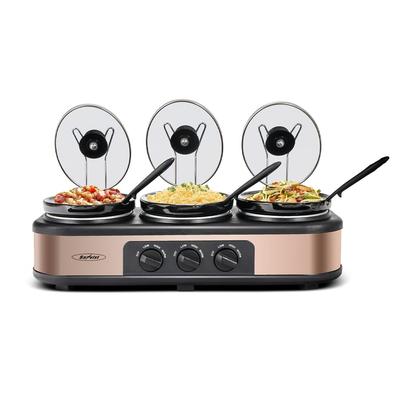 Triple Slow Cooker and Buffet Server, Mini Slow Cooker with 3 Ceramic Cooking Pots and Glass Lids,3 Spoons and 3 Lid Holders