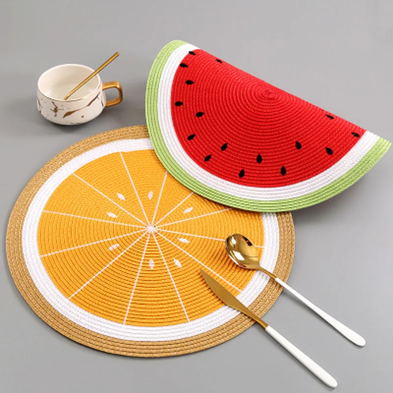 Wassermelone Zitrone Getränkeuntersetzer PP gewebt rund Tischset Cartoon Obst Esstisch Teller Matte Küchenzubehör Home Decor Image