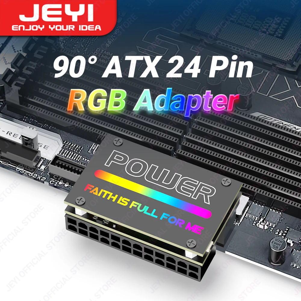 JEYI ATX 24 Pin 90 ° RGB-Adapter, 18 Lichtmodi, Buchse auf 24-poliger Stecker, 90-Grad-Motherboard-Netzteil für Desktops, PC-Versorgung Image