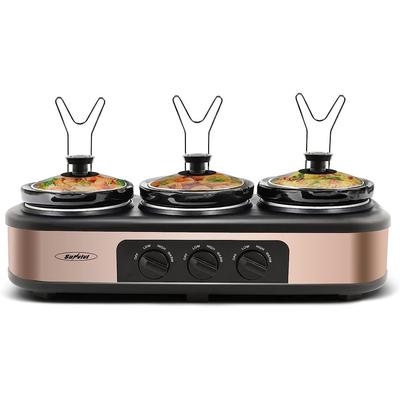 Triple Slow Cookers, 3x1.5 Qt Food Warmer Adjustable-Temp Buffet Server, Mini Crock Dips Pot, Glass Lid & Pot, with Lid Rests