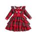 wybzd Toddler Girl Christmas Costume Dress Plaid Print Long Sleeve Round Neck A-Line Cake Dress with Bowknot Decoration
