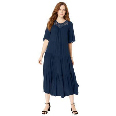 Plus Size Women's Hand-Crinkled Crochet Neck Dress by Roaman's in Navy (Size 20 W)