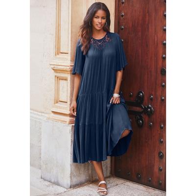 Plus Size Women's Hand-Crinkled Crochet Neck Dress by Roaman's in Navy (Size 22 W)