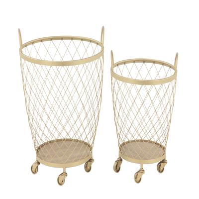 Set Of 2 Modern Gold Metallic Rolling Basket Storage Cart by Quinn Living in Gold