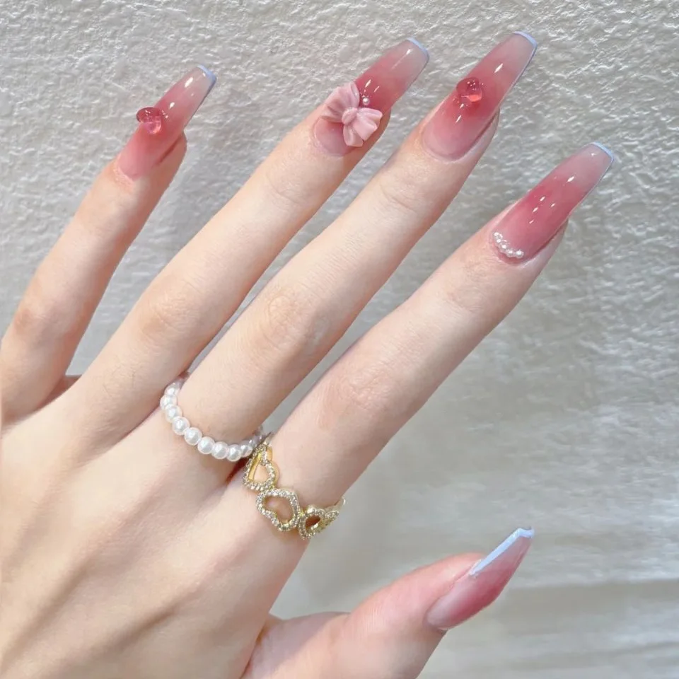 Faux ongles français en forme de papillon, 24 pièces/boîte, longue perle, décoration, sans couture, perfecFake N64.Capsule, matériel professionnel
