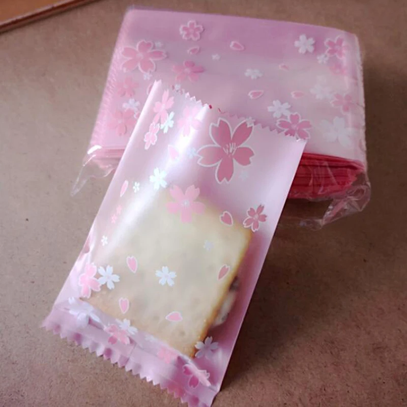 100 Stück Multi-Size Sakura Pink Cherry Blossom Frosted Selbstklebende Zellophanbeutel Selbstklebende Kekse Verpackung Kunststoff-Bäckertaschen