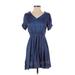 Bar III Casual Dress - Mini V-Neck Short sleeves: Blue Dresses - Women's Size Small