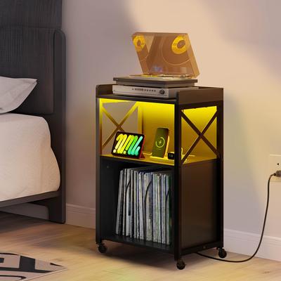 Moasis Record Player Turntable Stand Wheeled with LED Light, Charging Station