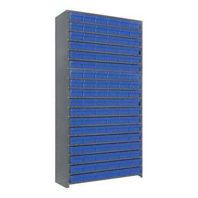 Quantum Super Tuff 36" x 12" x 75" Steel Closed 19-Shelf Euro Drawer Shelving System with (108) 11 5/8" x 5 9/16" x 2 1/8" Blue Bins CL1275-401BL