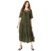 Plus Size Women's Crochet-Yoke Crinkle Dress by Roaman's in Dark Olive Green (Size 26 W)