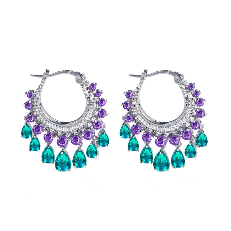 CWWZircons Brillante CZ Kristall Grün Baumelnden Fransen Waterdrop Runde Creolen für Frauen Neue Trendy Böhmischen Schmuck E0451 Image