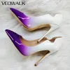 Veowalk Weiß Lila Gradienten Frauen Wellung Cut Spitze Zehen Stiletto Pumps Elegante Damen Slip Auf Kleid Schuhe Plus Größe 33-45
