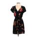 Xhilaration Casual Dress - Mini Plunge Short sleeves: Black Floral Dresses - Women's Size Small