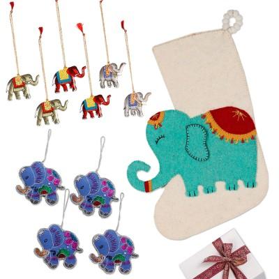 Elephant Cheer,'10 Elephant Ornaments & Christmas Stocking Curated Gift Set'