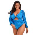 Plus Size Women's Mesh Sleeve Cut Out Out One-Piece Swimsuit by Swimsuits For All in Royal Abstract (Size 6)