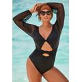 Plus Size Women's Mesh Sleeve Cut Out Out One-Piece Swimsuit by Swimsuits For All in Black (Size 8)