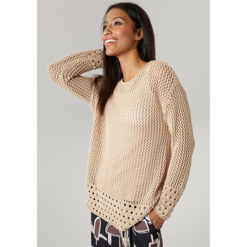 Strickpullover ANISTON SELECTED Gr. 42, beige Damen Pullover in Netzoptik