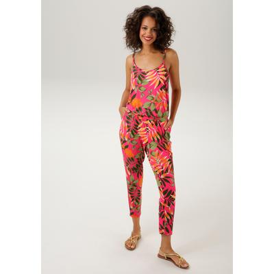 Overall ANISTON CASUAL, Damen, Gr. 42, N-Gr, bunt (pink, orange, hellgrün, dunkelgrün, weiß), Single Jersey, Obermaterial: 95% Viskose, 5% Elasthan, bedruckt, modisch, figurumspielend 7/8-Länge, Overalls, mit farbenfrohen, großflächigen Blättern... Image