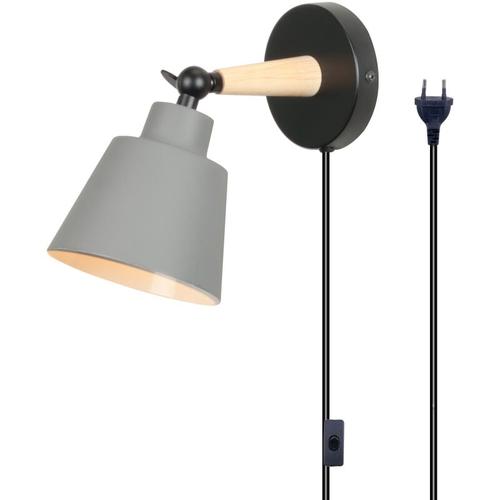 Wandleuchte mit EU-Stecker, Moderne Wandlampe Innen mit Lampenschirm im Metall & Holz, Wandstrahler