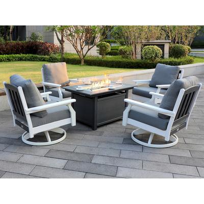 Cortina 25"(H) x 45"(W) White Rectangle Fire Pit Table with Two Tone Aspen Rock-Swivel Chair, 5-Piece