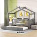 Twin Size Wood Daybed with Twin Size Trundle Bed and Fence Guardrails, Kid's Bedwith Wood Slats and House-Shaped Frame