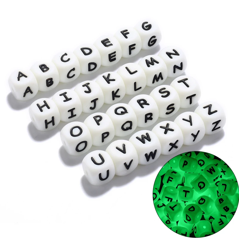 10 pièces bébé perles lumineuses en Silicone lettres sucette 12mm Alphabet nom personnalisé bricolage anneau de dentition perles de dentition jouets cadeau