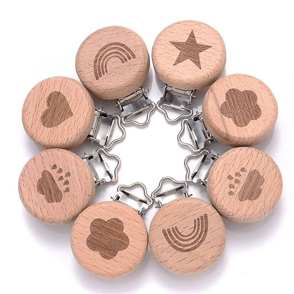 Clip factice en bois de hêtre de qualité alimentaire, 5 pièces/lot, Clip factice à motif de cœur Animal pour bébé, porte-sucette de dentition, chaîne, accessoires de bricolage