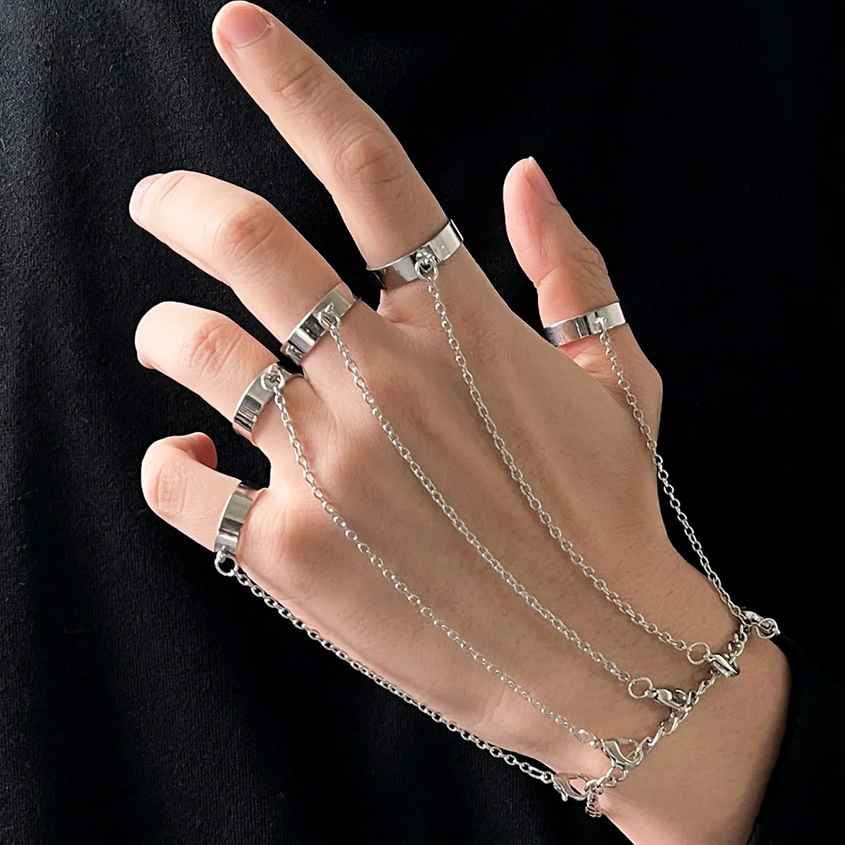 Punk Geometrische Kette Handgelenk Armband Für Frauen Männer Silber Farbe Verbunden Finger Quaste Einstellbare Ring Club Hip Hop Schmuck Geschenk