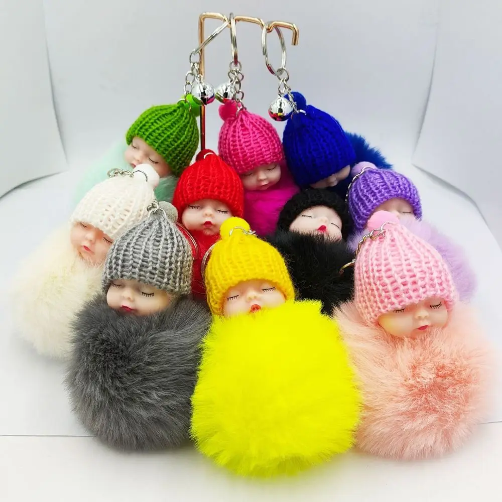 Schlafende Baby Schlüssel ring Tasche Anhänger Pompon Schlüssels chnalle Faux Kaninchen Fell Schlüssel ringe Plüsch Strick mütze Schlüssel bund flauschigen Schmuck Schlüssel ring Image