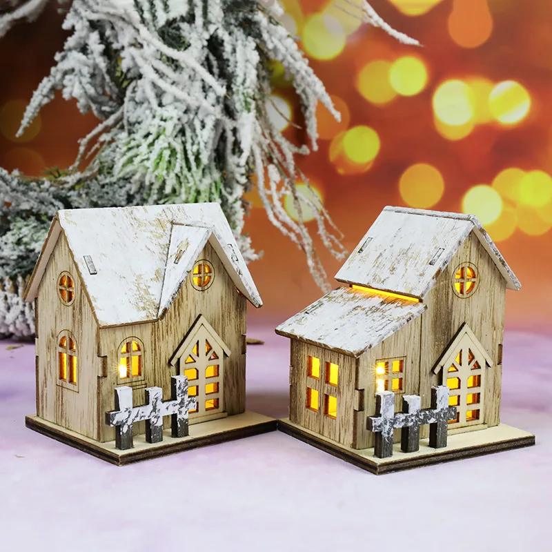 1Pcs Mini Weihnachten Neue Dekorative Leucht Holz Haus Mit Batterie LED Kleine Weihnachten Zimmer Desktop Anhänger Kinder DIY Dekoration Image