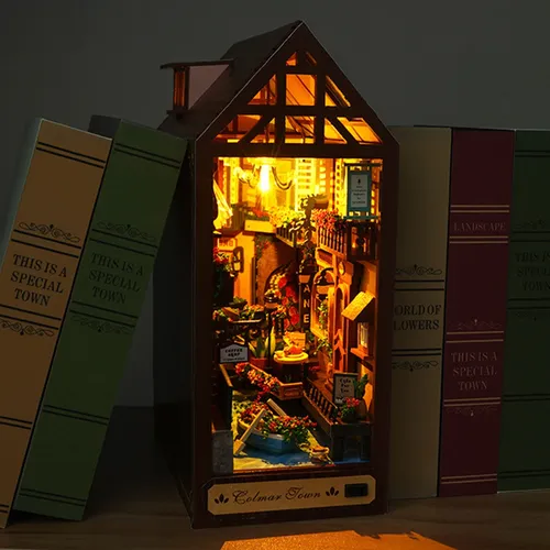 DIY Buch Ecke Kit Buchs tütze Kit 3D Holz Puzzle Bücherregal Einsatz Dekor mit warmem Licht Miniatur