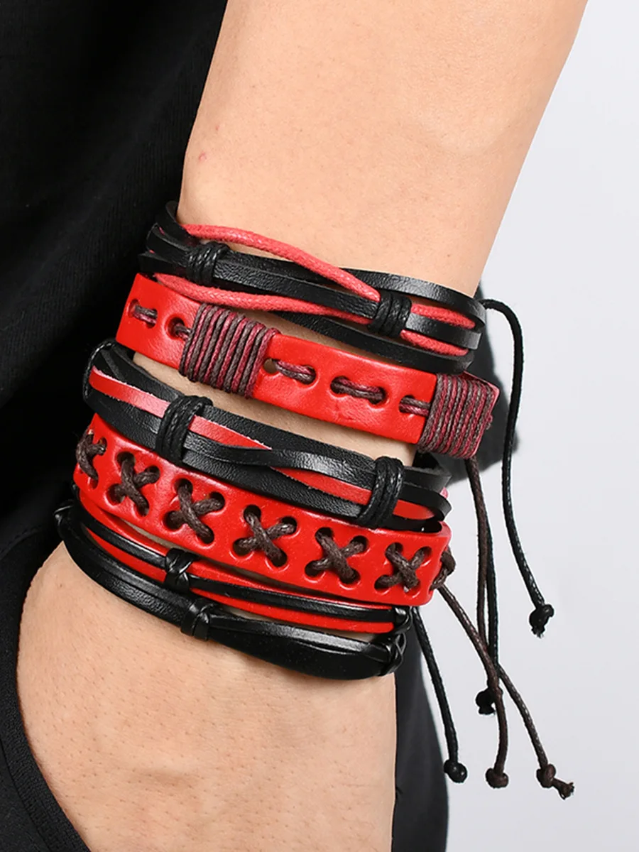 4 pezzi/set braccialetti in pelle intrecciata per uomo albero della vita vintage timone fascino perline di legno braccialetto tribale etnico braccialetto di corda
