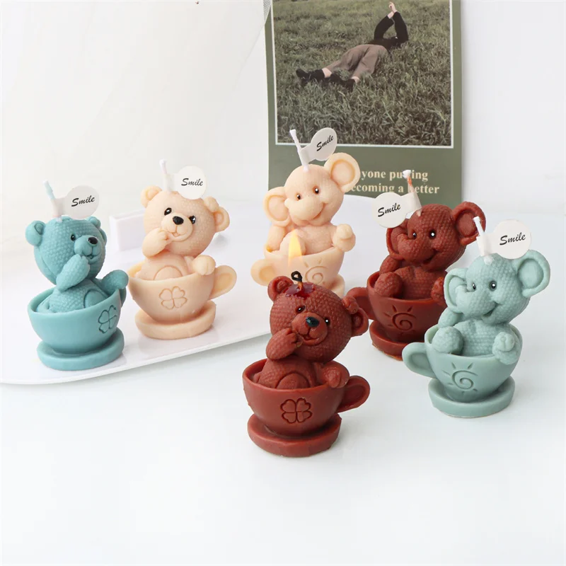 3D Cartoon Tier Silikon Kerze Form DIY Nette Tasse Teddybär Elefant Kerze Machen Liefert Seife Harz Form Handwerk Wohnkultur Image