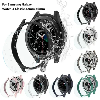 Glas + Hülle für Samsung Galaxy Watch 4 Classic 42 mm 46 mm, PC Matte Cover Allround-Schutzhülle für Galaxy Watch 4