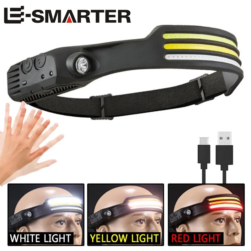 Lampada frontale con sensore LED COB Lampada frontale a induzione Batteria incorporata Torcia frontale ricaricabile USB 5 modalità di illuminazione Faro