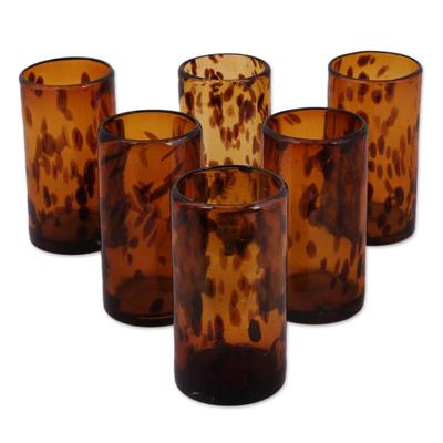 Tall Tortoise Shell,'Six Water Glasses Handblown Recycled Glass Drinkware Mexico'