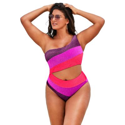 Plus Size Women's One Shoulder Color Block Cutout One Piece Swimsuit by Swimsuits For All in Warm Sparkle (Size 12)