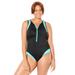 Plus Size Women's Zip-Front High Neck Chlorine Resistant One-Piece Swimsuit by Swimsuits For All in Black Miami Vice (Size 10)