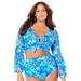 Plus Size Women's Bra-Sized Mesh Sleeve Underwire Bikini Top by Swimsuits For All in Blue Watercolor Florals (Size 42 DD)