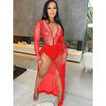Beautiful See-Through Crystal Maxi Dress Beach Cover-Up Dress Glamour Womens High Slit Sequin Bodysuit Dress Clubwear-Red,S