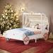 Wood Platform Car Bed with Canopy,Princess Carriage Bed with 3D Carving Pattern,Twin Size