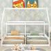 Kids Double Bed Frame, Wooden 2 Twin Size House Platform Beds w/ Fence, Two Shared Beds w/ Roof, Montessori Bed for 2 Kids Teens