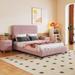 3-Pieces Bedroom Sets Velvet Fabric Full Platform Bed, 2 Nightstands With Marbling Worktop and Metal Legs & Handles, Pink